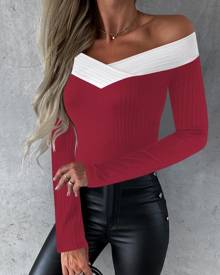 boutiquefeel Colorblock Off Shoulder Long Sleeve Overlap Top