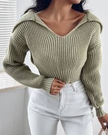 boutiquefeel Turn Down Collar Crop Knit Sweater