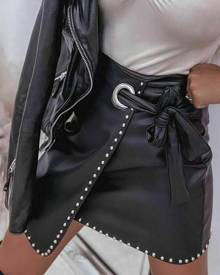 boutiquefeel PU Leather Eyelet Tied Detail Studded Asymmetrical Skirt