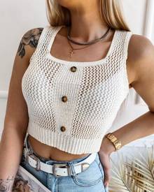 chicme Knit Hollow Out Buttoned Crop Top