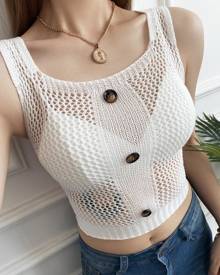 chicme Knit Hollow Out Buttoned Crop Top