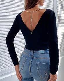 chicme Chain Decor Backless Knit Crop Top