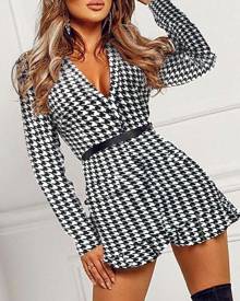 chicme Houndstooth Print Ruffles Long Sleeve Work Dress