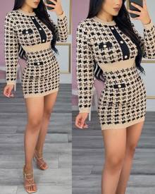 chicme Houndstooth Button Decor Long Sleeve Bodycon Dress