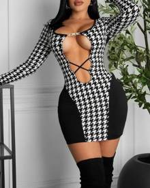 chicme Houndstooth Print Cutout Long Sleeve Bodycon Dress