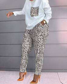 chicme Leopard Print Long Sleeve Top & Pants Set