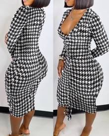 chicme Houndstooth Print Drawstring Ruched Bodycon Dress