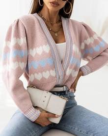 chicme Heart Pattern Long Sleeve Crop Knit Cardigan