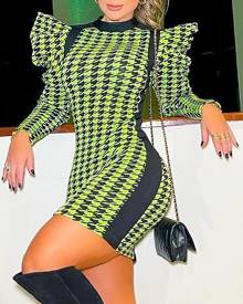 chicme Houndstooth Print Puff Sleeve Bodycon Dress