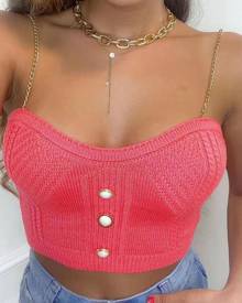 chicme Button Decor Chain Strap Knit Cami Crop Top