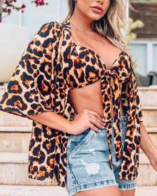 chicme Leopard Print Tied Detail Crop Top With Blouse