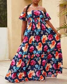 chicme Floral Print Off Shoulder Shirred Maxi Dress
