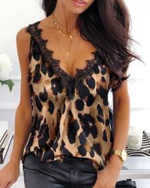 chicme Leopard Print Lace Trim Sleeveless Top