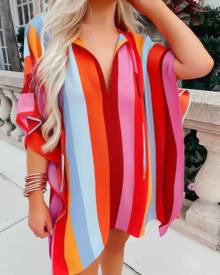 chicme Colorblock Striped Print Split Hem Top