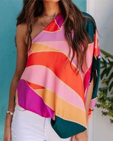 chicme One Shoulder Batwing Sleeve Colorblock Top