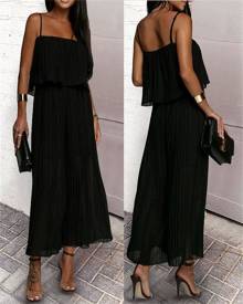 chicme Spaghetti Strap Ruffle Hem Pleated Wide Leg Jumpsuit