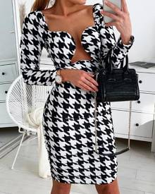 chicme Houndstooth Print Long Sleeve Cutout Dress