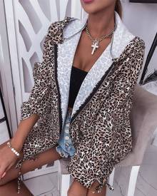 chicme Leopard Print Long Sleeve Zip Up Hooded Coat