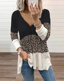 chicme Contrast Leopard Colorblock Long Sleeve Top