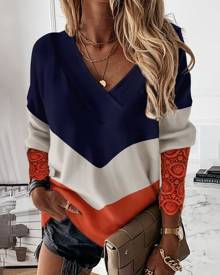 chicme Colorblock Contrast Lace Long Sleeve Top