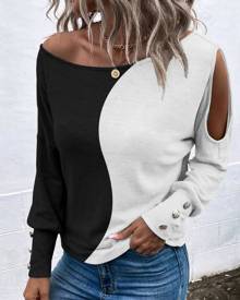 chicme Colorblock Cold Shoulder Long Sleeve Top