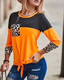 chicme Colorblock Tied Detail Long Sleeve Top