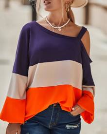 chicme Colorblock Cold Shoulder Long Sleeve Top