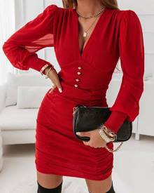 chicme Contrast Mesh Puff Sleeve Ruched Bodycon Dress