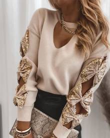 chicme Contrast Sequin Bowknot Decor Long Sleeve Ribbed Top