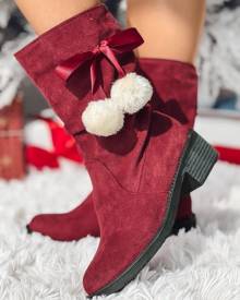 chicme Bowknot Design Pom Pom Ruched Ankle Boots