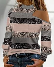 chicme Colorblock Striped Print Cold Shoulder Top