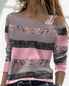chicme Colorblock Striped Print Cold Shoulder Top