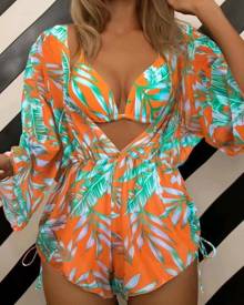 chicme 3PCS Tropical Print Halter Bikini Set With Cover Up