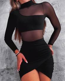 chicme Contrast Mesh Long Sleeve Ruched Bodycon Dress