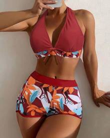 chicme Tropical Print Tied Detail Bikini Set