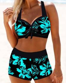 chicme Tropical Print Halter Tied Detail Bikini Set