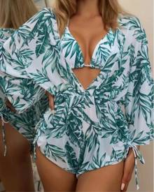 chicme 3PCS Tropical Print Halter Bikini Set With Romper