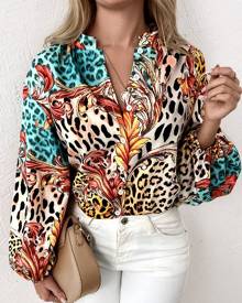 chicme Leopard Baroque Print Button Up Long Sleeve Shirt