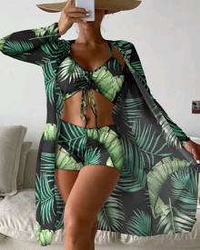 chicme 3PCS Tropical Print Drawstring Bikini Set With Cover Up