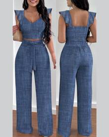 chicme Ruffle Hem Shirred Crop Top & High Waist Pants Set