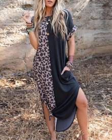 chicme Leopard Patchwork Curved Hem Casual Dress