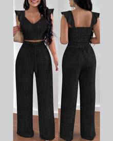 chicme Ruffle Hem Shirred Crop Top & High Waist Pants Set