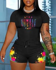 chicme Plus Size Slogan Graphic Tee & Ink Splash Print Shorts Set