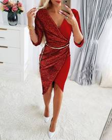 chicme Patchwork Glitter Wrap Party Dress