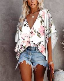 chicme Floral Print Batwing Sleeve Button Front Top