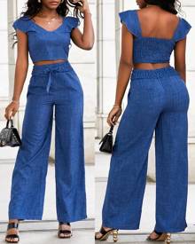 chicme Ruffle Hem Shirred Crop Top & High Waist Pants Set