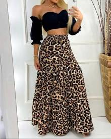 chicme Off Shoulder Crop Top & Leopard Print Skirt Set