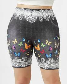 chicme Plus Size Denim Look Butterfly Floral Print Biker Shorts