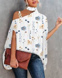 chicme Floral Print Chain Strap Batwing Sleeve Top