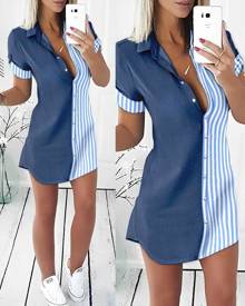 chicme Striped Colorblock Patchwork Buttoned Shirt Dress